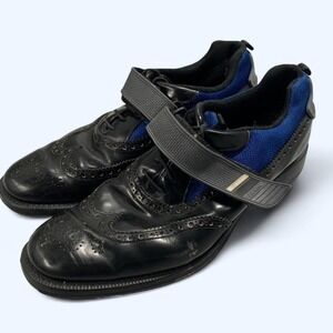 Prada Black Leather Velcro Brogue Wingtip Shoes w/ Blue Accents